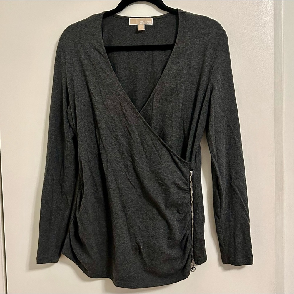 Michael Kors Long Sleeve Gray Wrap Top with Side Zipper